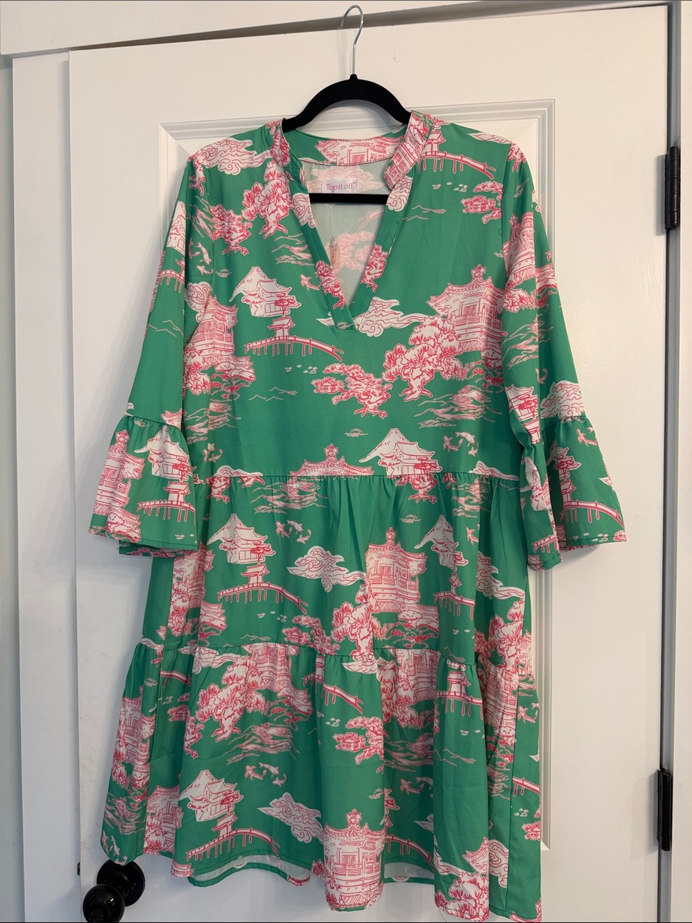 Green and Pink Scenic Print Tiered Dress